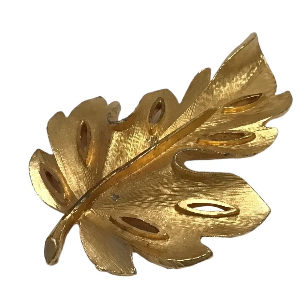 Vintage Brooch BSK Signed Gold Tone Brushed Leaf Pin 2.5" Fall Harvest Autumn